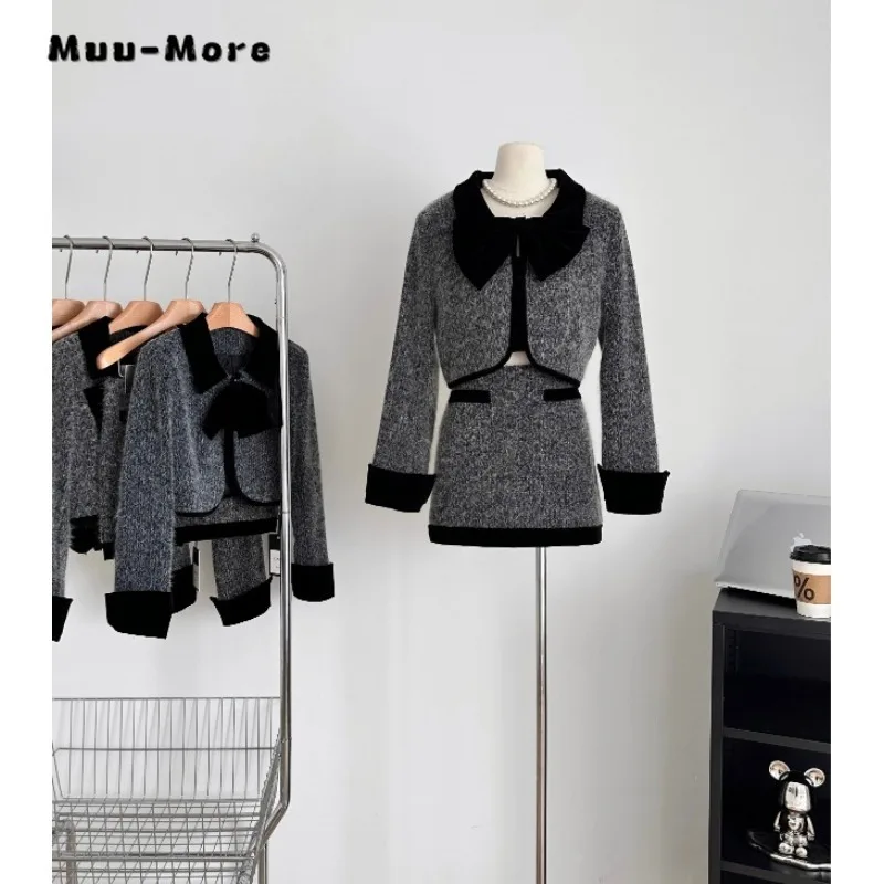 

2023 Winter Office Lady Elegant Sexy Style 2 Piece Set Women Long Sleeve Bow Coat + A-line Skirt Vintage Two Piece Skirt Set