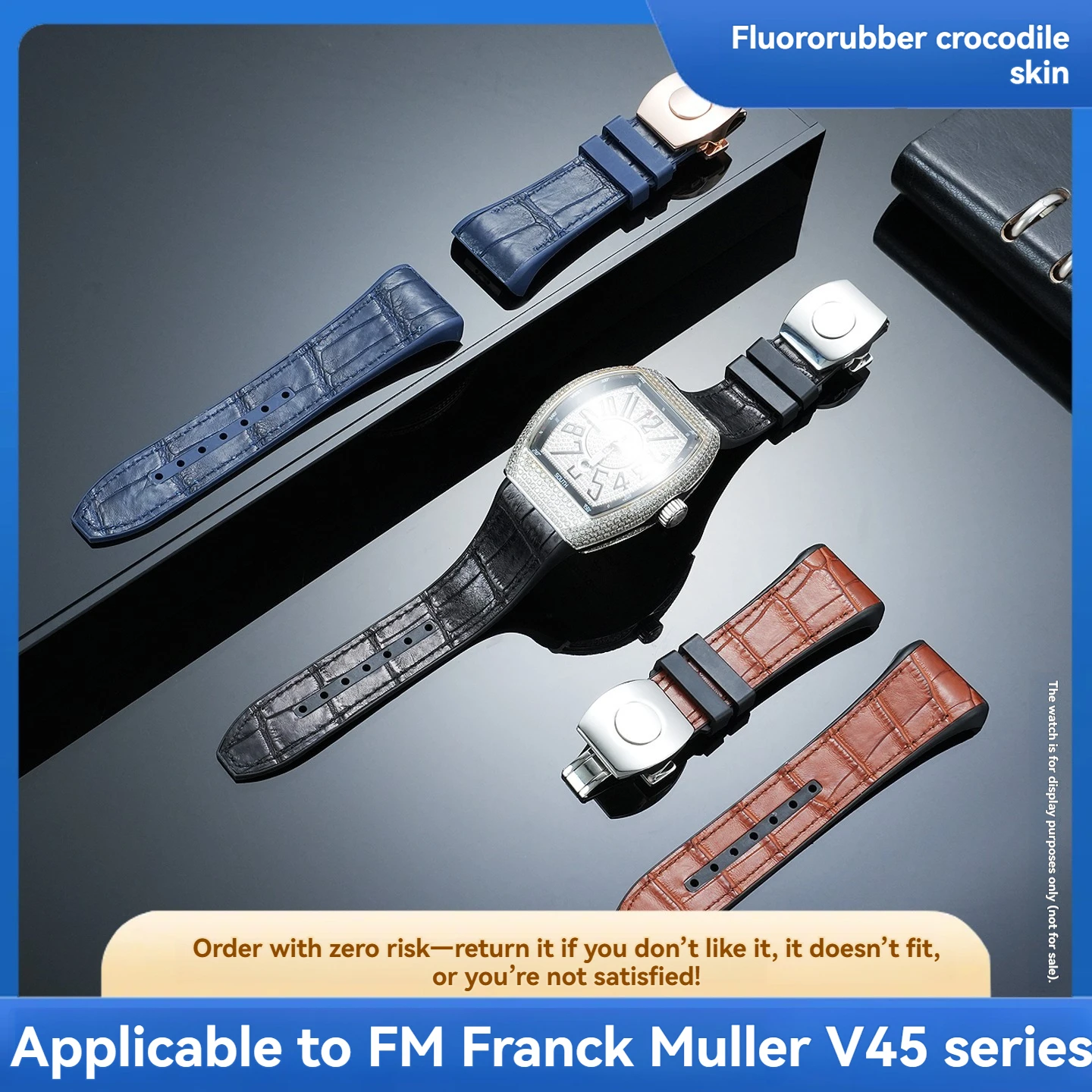 Blue Fluorocarbon Rubber Strap with Genuine Alligator Leather for Franck Muller V45 8880 Yacht Barrel FM Accessories