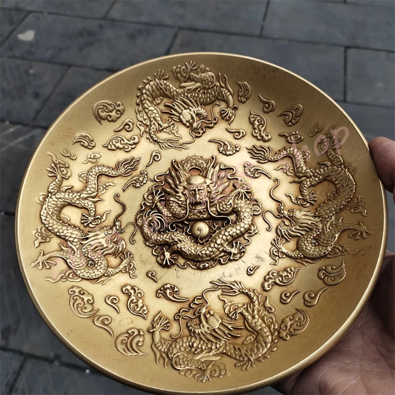 Auspicious large copper plate,Chinese pure copper relief Jiulong plate,exquisite household geomantic decoration ornaments,gifs