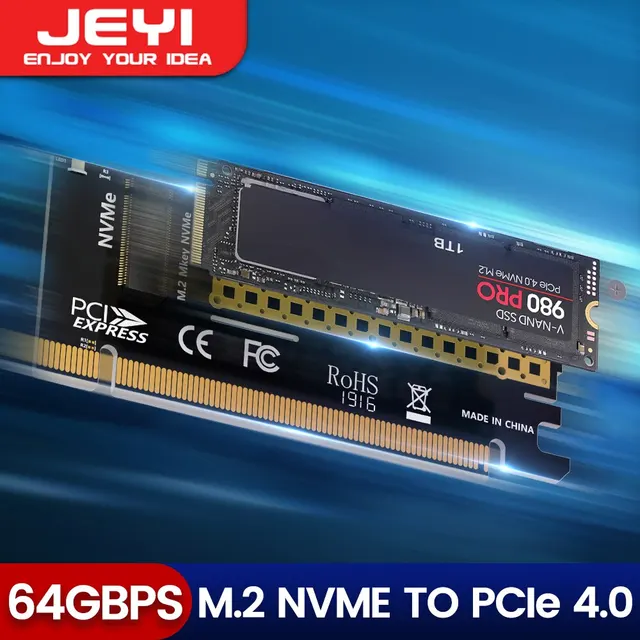 Adapter JEYI M.2 NVME na PCIE X16, 2280/60/42/30 NVMe SSD na PCIe 4.0 3.0 GEN4 64Gbps karta rozszerzeń dla płyty głównej komputera stacjonarnego
