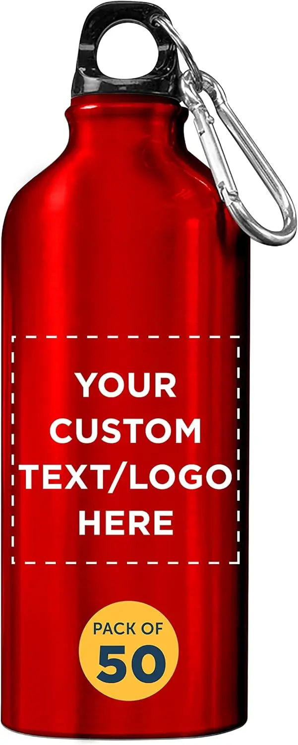 PROMOS Custom Aluminum Water Bottles 20 oz. Set of 50, Personalized Bulk Pack - Perfect for Gym, Hiking, and Any Indoor/Outdoor