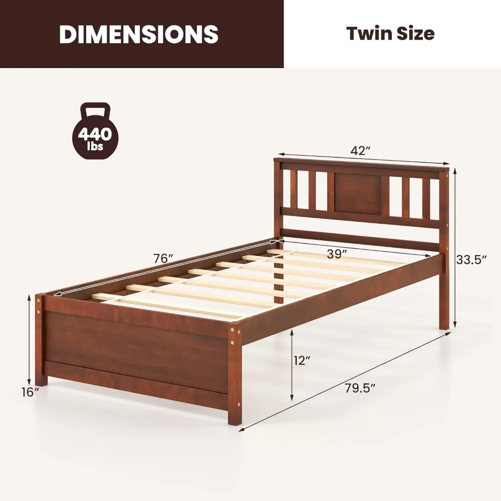 Wood Twin Bed Frames with Headboard, Mid Century Solid Wood Platform Bed with Wood Slat Support, Single Panel Bed