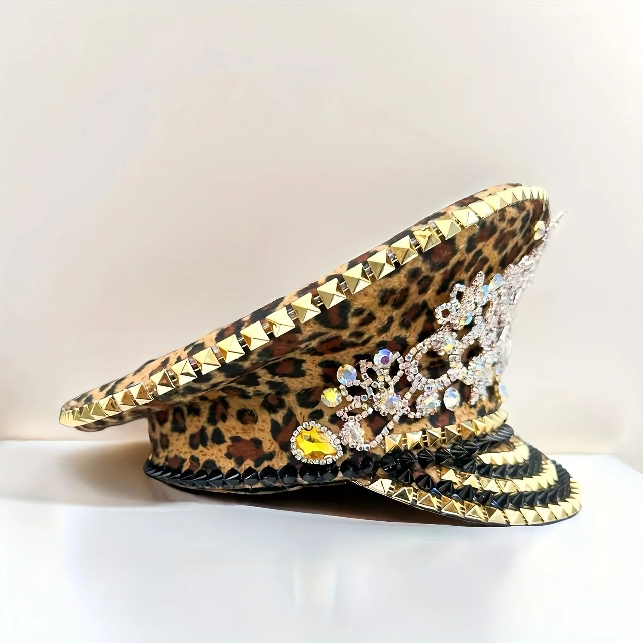 HongLuan Yellow Laser Leather Loop Captain Hat Rhinestone & Military Caps for Woman, Rave Festivals Accessories ＆ Party Cap Man