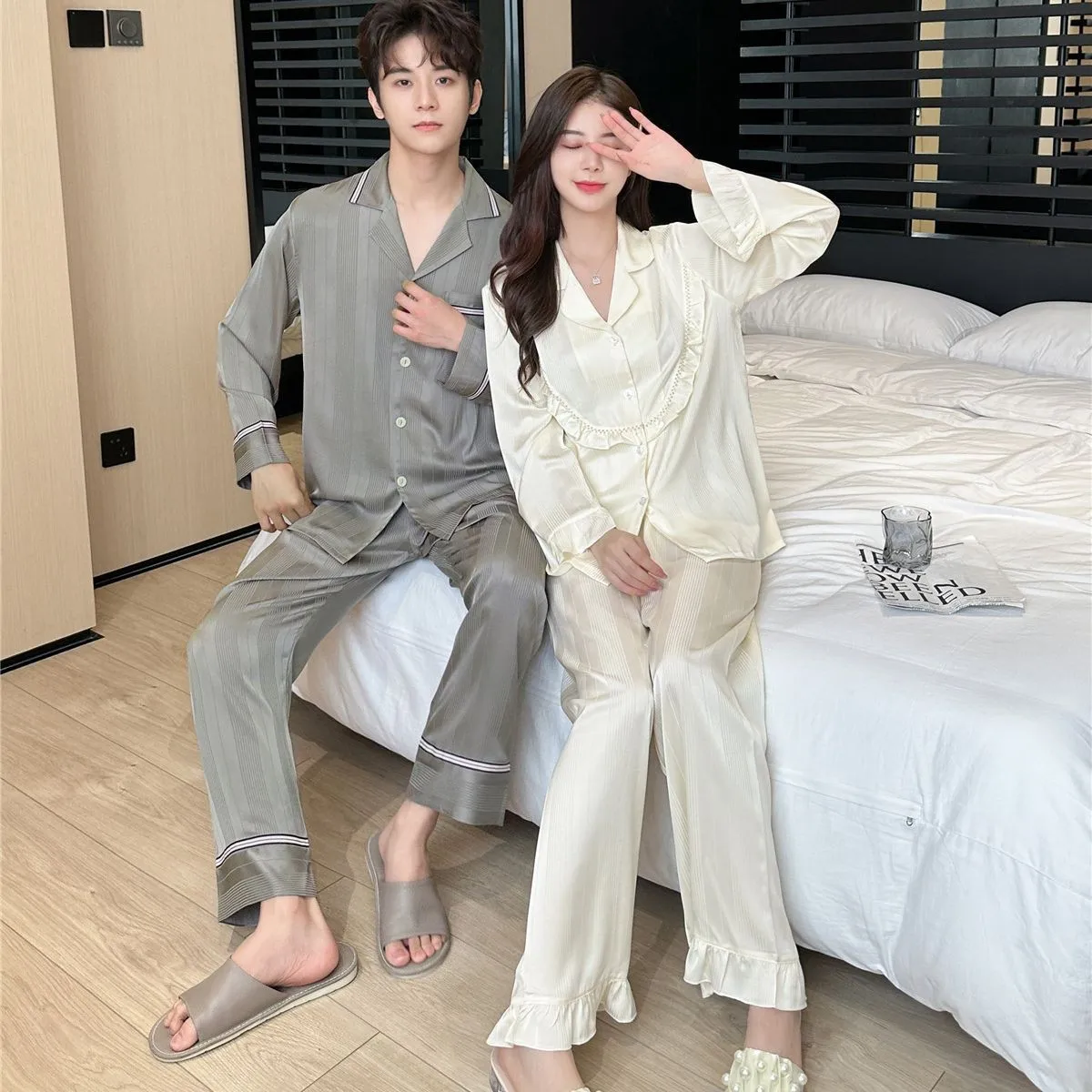 Autumn women's silk sleepwear lapel couple pajamas long sleeve trousers solid color jacquard men's satin plus size home wear