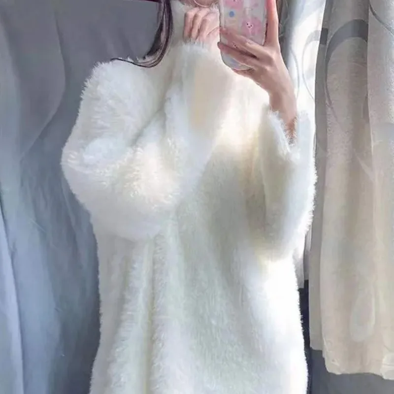 Sweet Temperament Purple High Neck Mohair Sweater Women Fashion Soft Glutinous Korean Gentle Winter Warm Solid Loose Knitwear