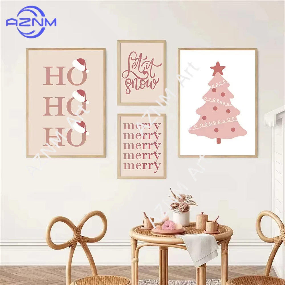 1pc Cartoon Christmas Gift Socks Merry Christmas Wall Art Pink Nursery Canvas Painting Nordic Poster Prints Girl Room Decoration