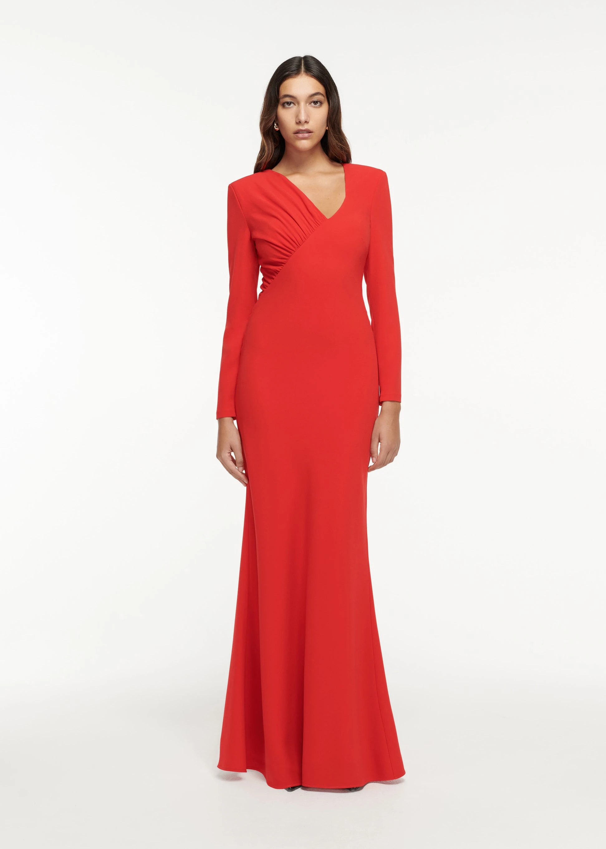 

Customized Temperament Jersey Red Off the Shoulder Evening Dress High Quality V-Neck Straight Long Sleeves Vestidos De Fiesta