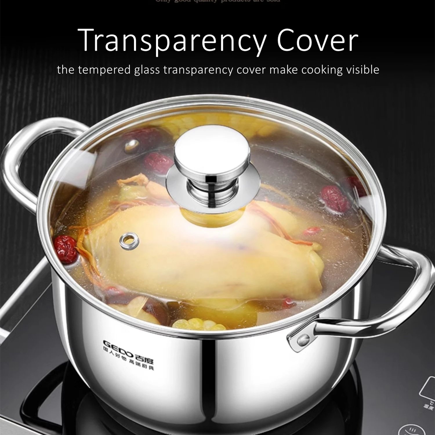 304 Ultra-smooth Stainless Steel Kitchen Pot with LFGB Certification, Precise Scale Stew Pot, Glass Casserole