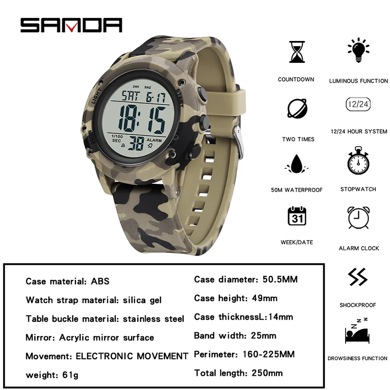 Sanda Top Brand Mens Watches Luxury Multi-function Electronic Watch Luminous Led Digital Display 50m Waterproof Reloj Hombre