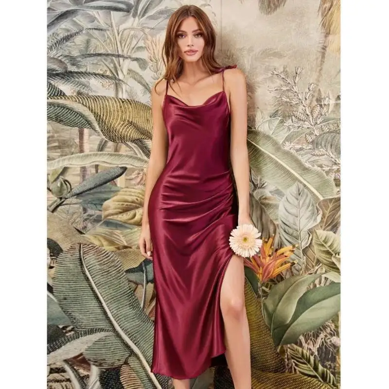 een High Collar Satin Belted Mid-Length Summer Dr Cleanfit H Version for Middle-Aged Women Tee-Quarter Sve Ciwalk