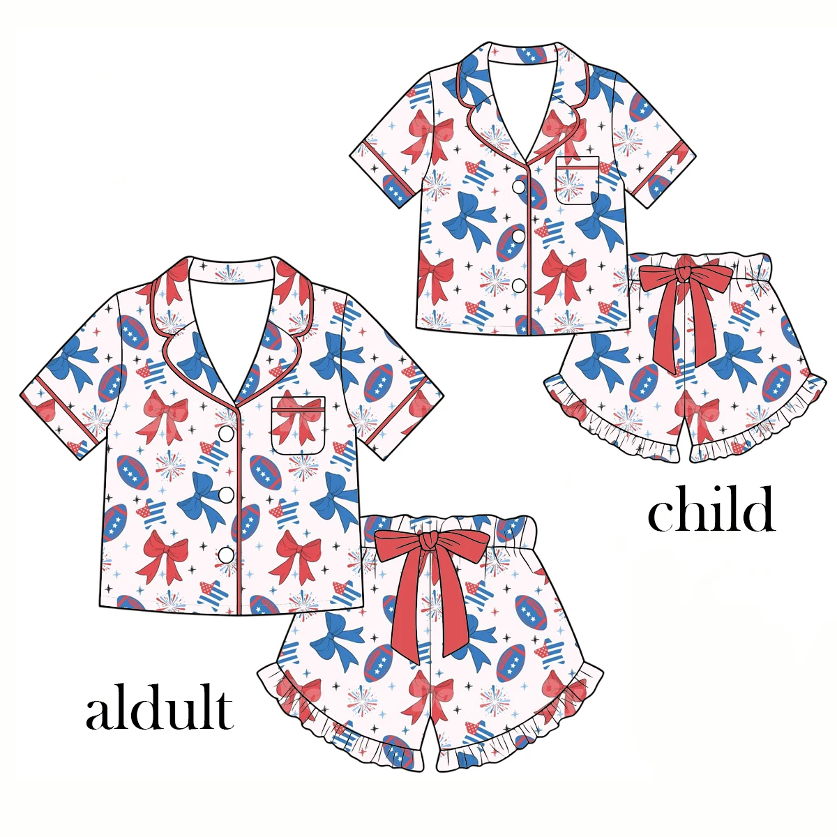 Conjuntos de Boutique para Niños, Conjunto de Pijama de Manga Corta con Cuello y Pantalones Cortos, Decoración con Lazo, Conjunto para Padres e Hijos, 4 de Julio, Adultos, Contactar con Atención al Cliente