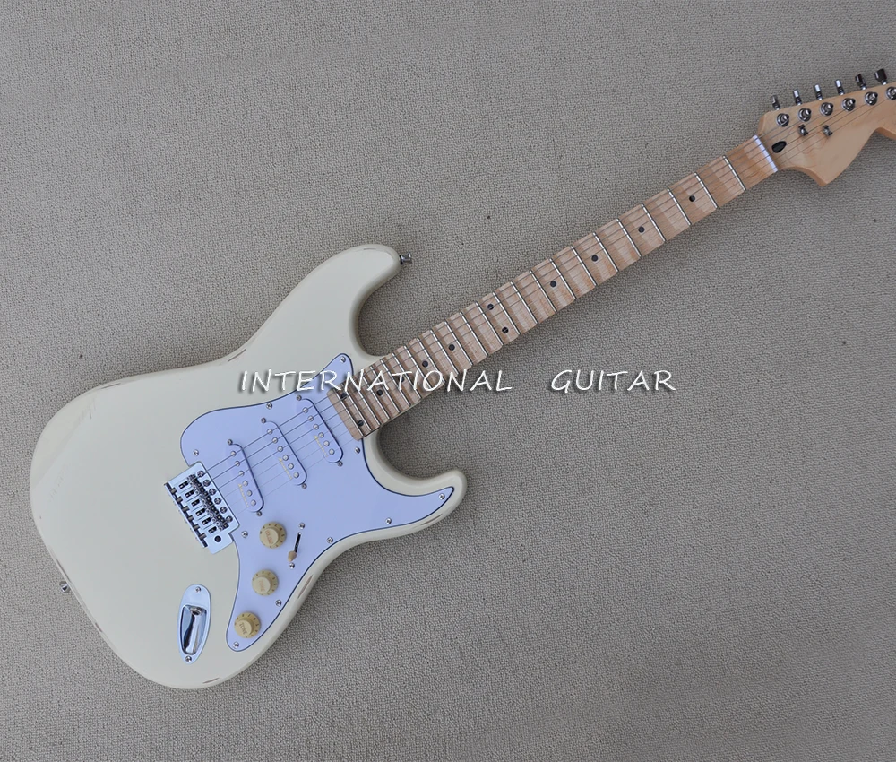 6 Strings Relic Cream Electric Guitar with SSS Pickups,Scalloped Maple Fretboard,24 Frets