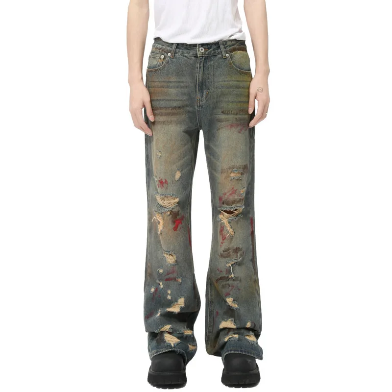 

SYUHGFA High Street Men's Denim Pants Color Graffiti Hole Contrast Color Boot Cut Loose Straight Leg 2024 Autumn Male Trousers