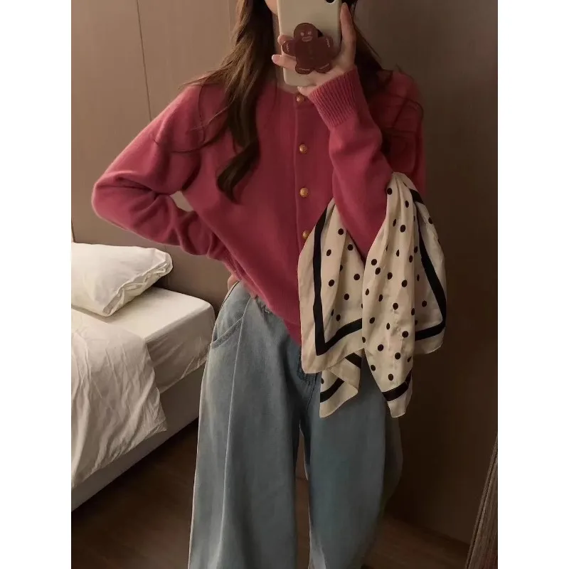 

Кардиган из вязаного трикотажа с пряжкой цвета малинового золота, мягкий, утолщенный, теплый свитер с круглым вырезом