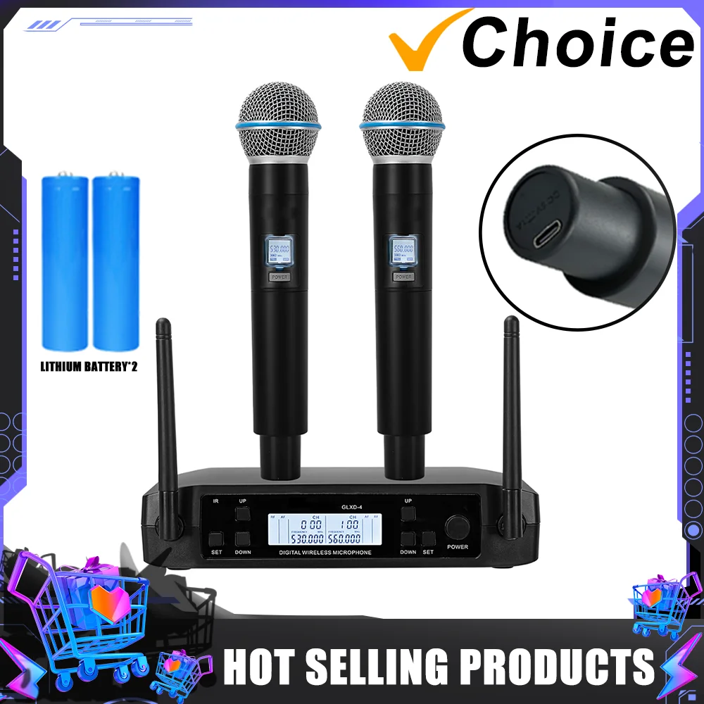 Professional Upgrade Smart Rechargeable 2 channel UHF GLXD4 GLXD GLXD24 BETA58 Wireless Microphone System karaoke Home KTV Party