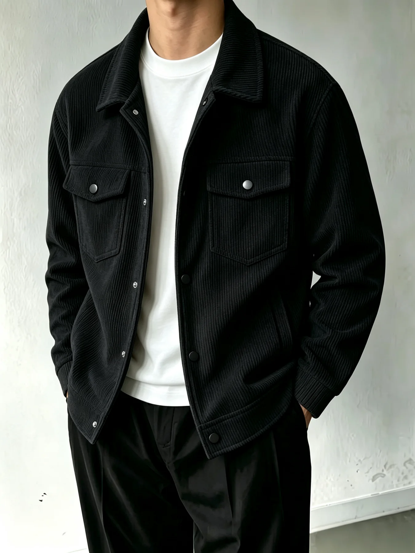 Lässige Herrenjacke aus Cord mit Revers, langen Ärmeln, Knopfleiste, Trucker-Stil, mit aufgesetzten Taschen, ideal als Oberbekleidung für Herbst und Winter, für den täglichen Gebrauch. – Detail 4