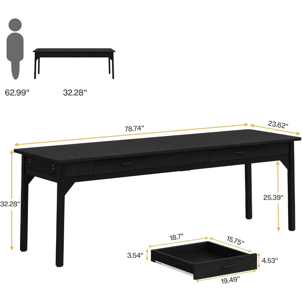 مكتب تنفيذي مزدوج ممتد مقاس 78.7 بوصة مع أدراج تخزين، أسود