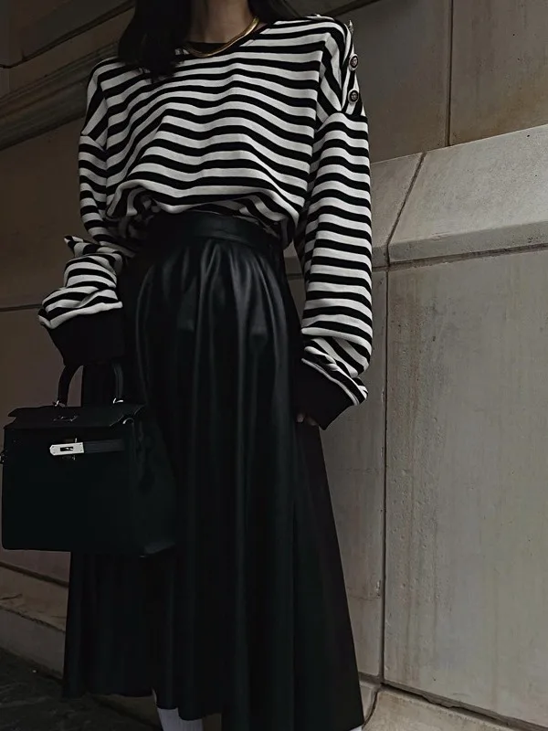 

Ele Mid-Length PU Leather Skirt Women's Faion Autumn Wear High Waist A-Line Skirt Chic Slimming Chic Sle