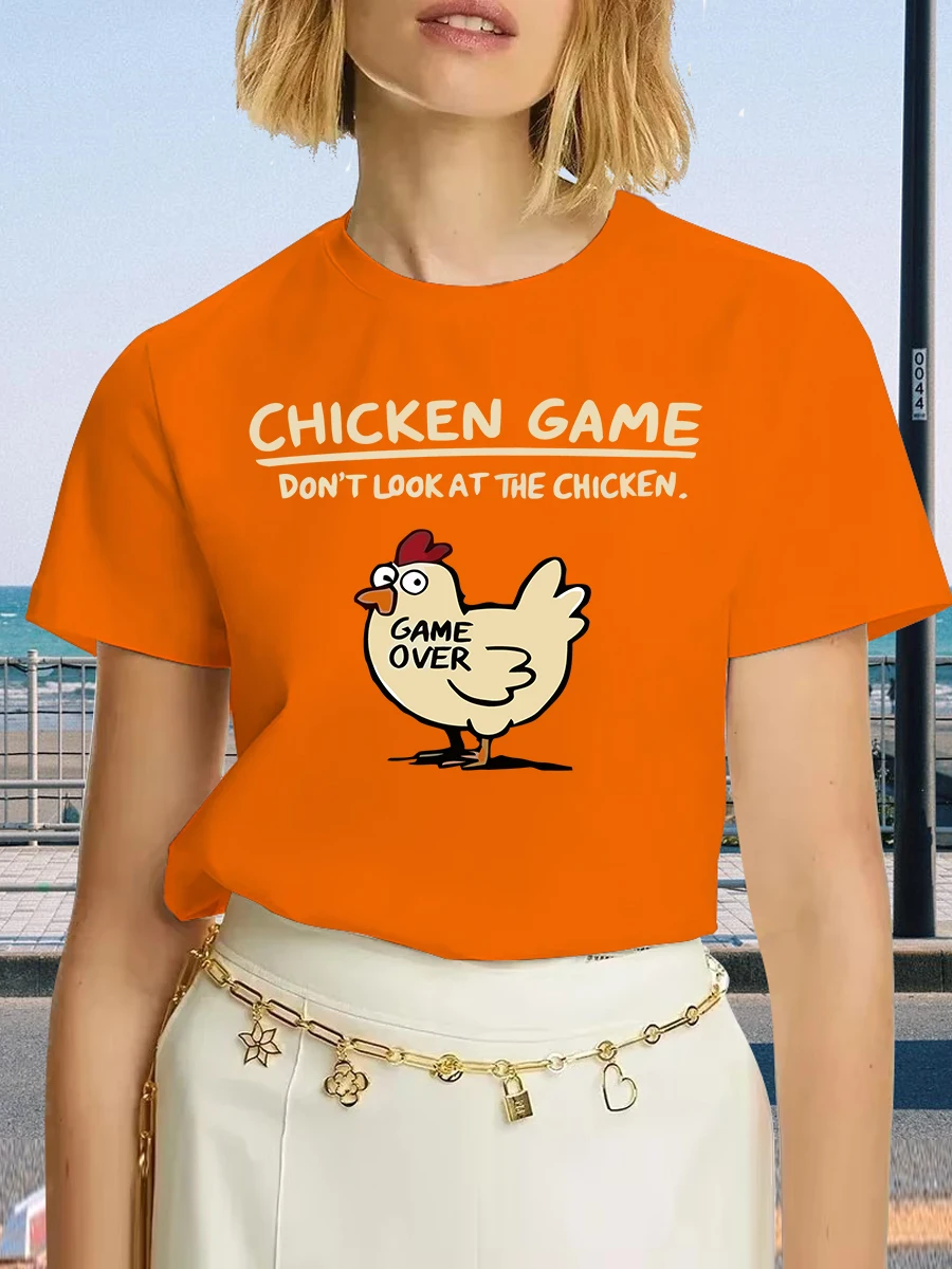 

Women's Cotton Chicken Game Don‘t Look At The Chicken Printed T-shirt Fashion Plus Size Casual Tops Summer Loose Harajuku
