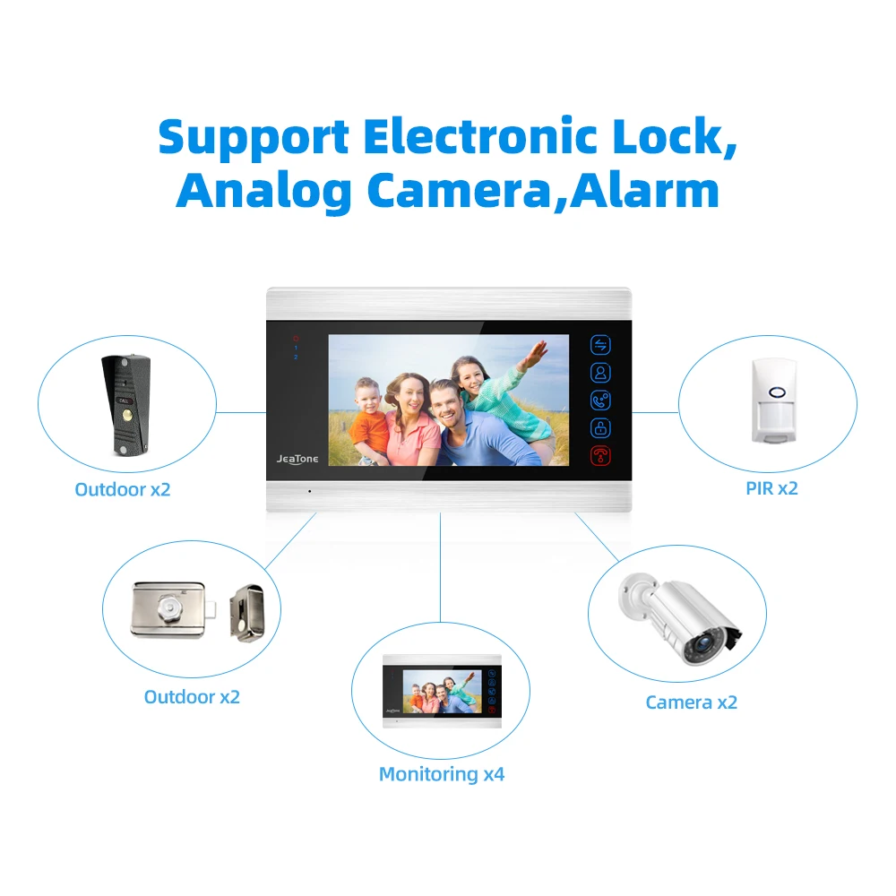 Jeatone-Monitor interior de 7 pulgadas, sistema de intercomunicación para puerta, timbre, grabación de vídeo y fotos, montaje en pared, color plata