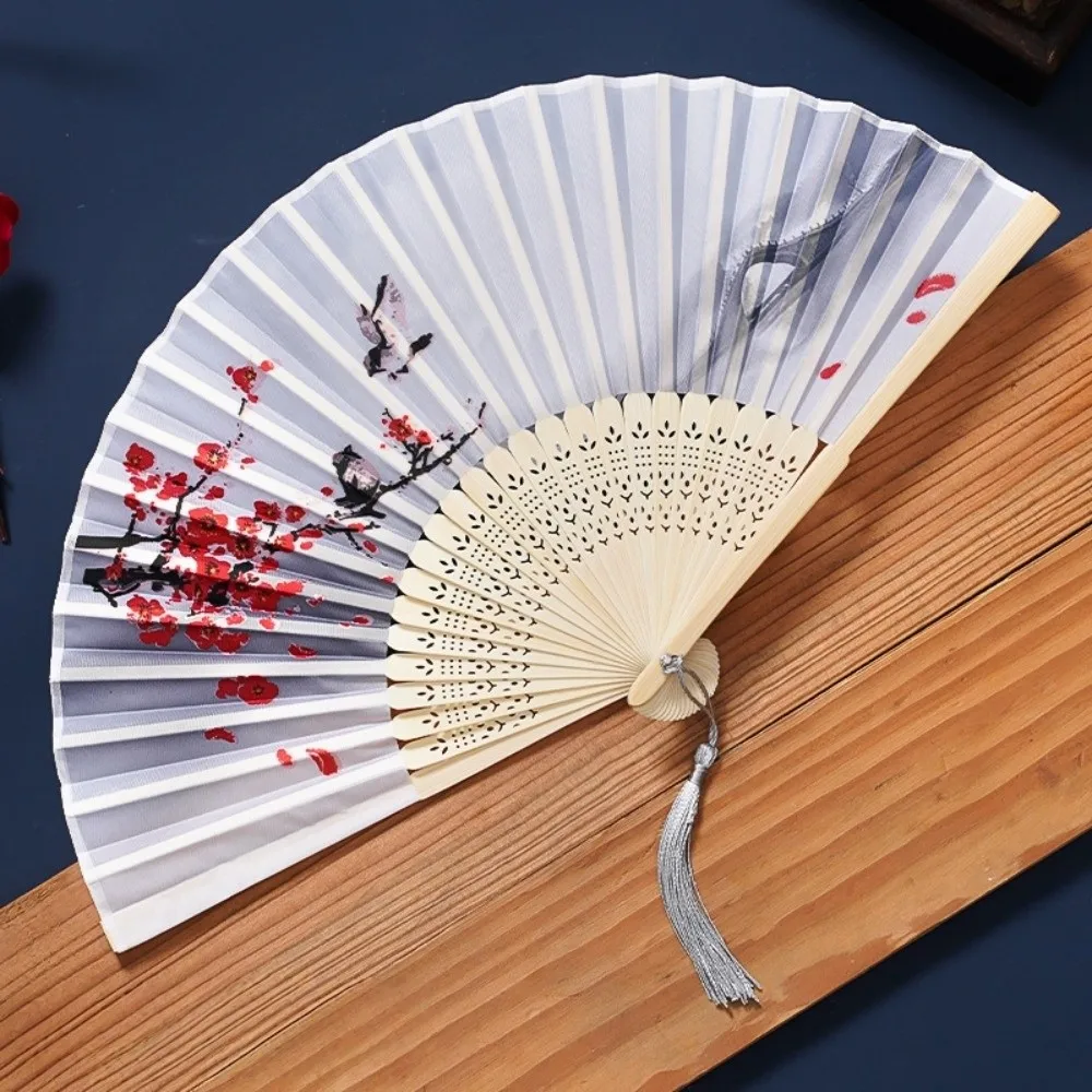 Classical Chinese Style Tassel Folding Fan Swallow Butterfly Bamboo Fan Orchid Lotus Handheld Fan Birthday Party