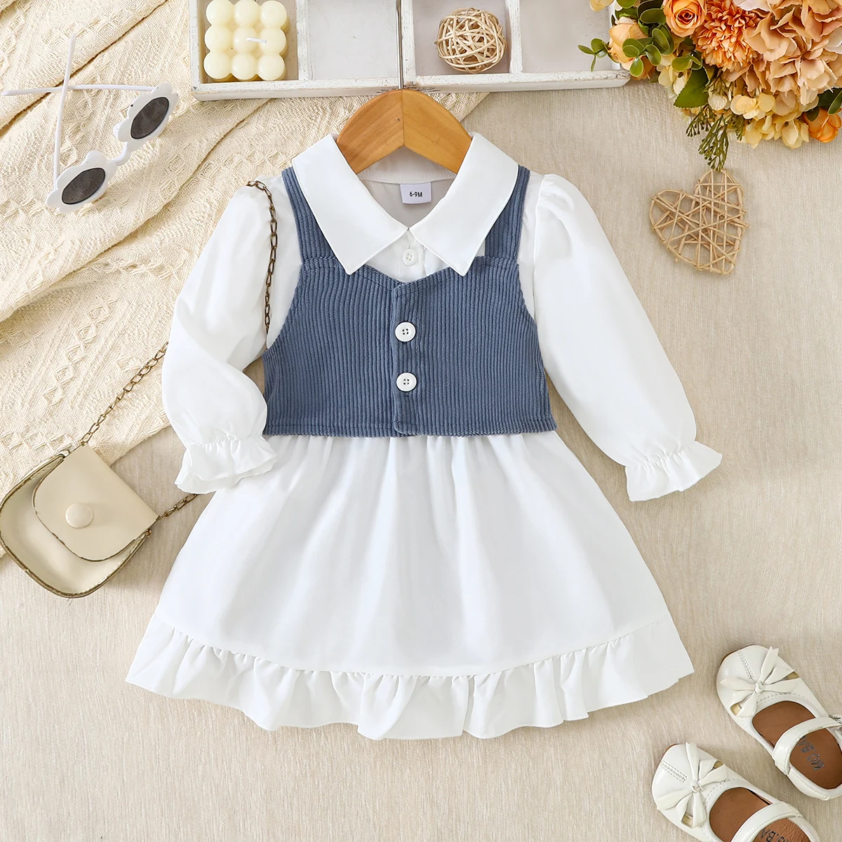 2Pcs Baby Girl Outfit Corduroy Sleeveless Vest Puff Long Sleeve Ruffle Dress Set Elegant Preppy Clothes for 6-18M Fall Winter