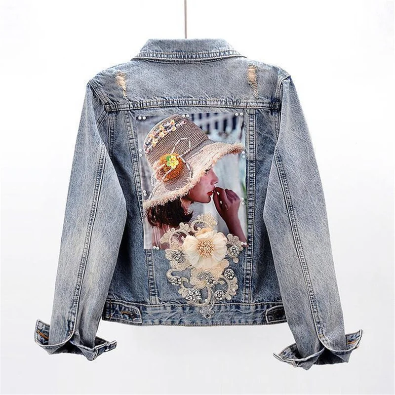 2023 Spring Autumn Women’s Denim Jacket Long Sleeve Overcoat Loose Three-dimensional Button Pearls Outwear Ripped Jeans Jackets