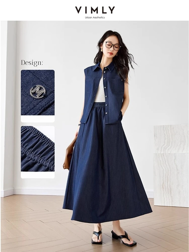 

VIMLY Fashion Casual Suit Skirt Women's Summer 2025 New Sleeveless Cardigan Top Skirt Two-piece Set M9653