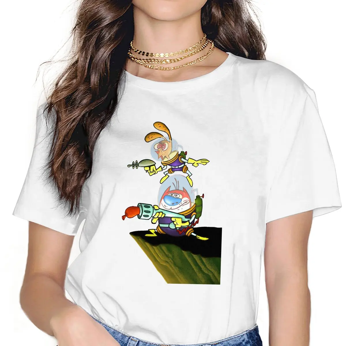 Go To Space Game Ren And Stimpy Women T Shirt Fibre Grunge O-Neck Polyester TShirt