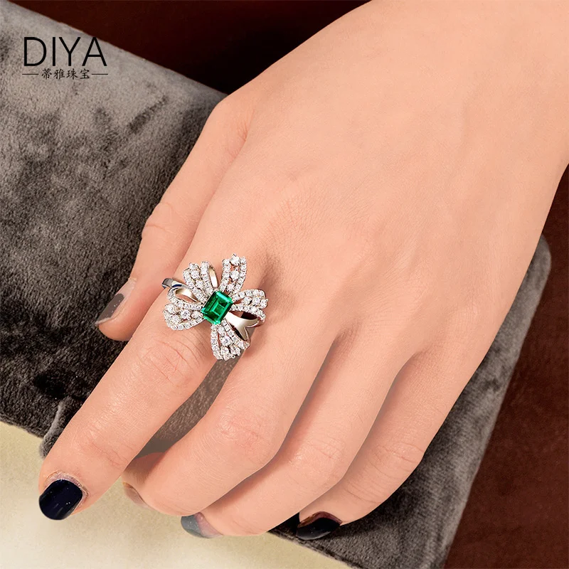 brand genuine Luxury real jewels Colorful Treasure Emerald 925 Silver Bow Initial Korean Full Diamond Premium Jewelry Ring Femal