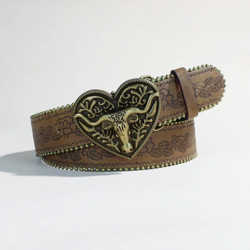Men's and Women's Clothing — Western Cowboy Style PU Leather Belt — Vintage Belt with Printed Buckle for Jeans