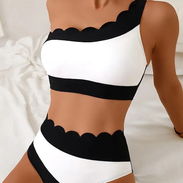 2026 New Women 2‑Piece Bikini Set One Shoulder Scallop Trim Black White Color Block High Waist Tummy Control Swimwear Beach Suit