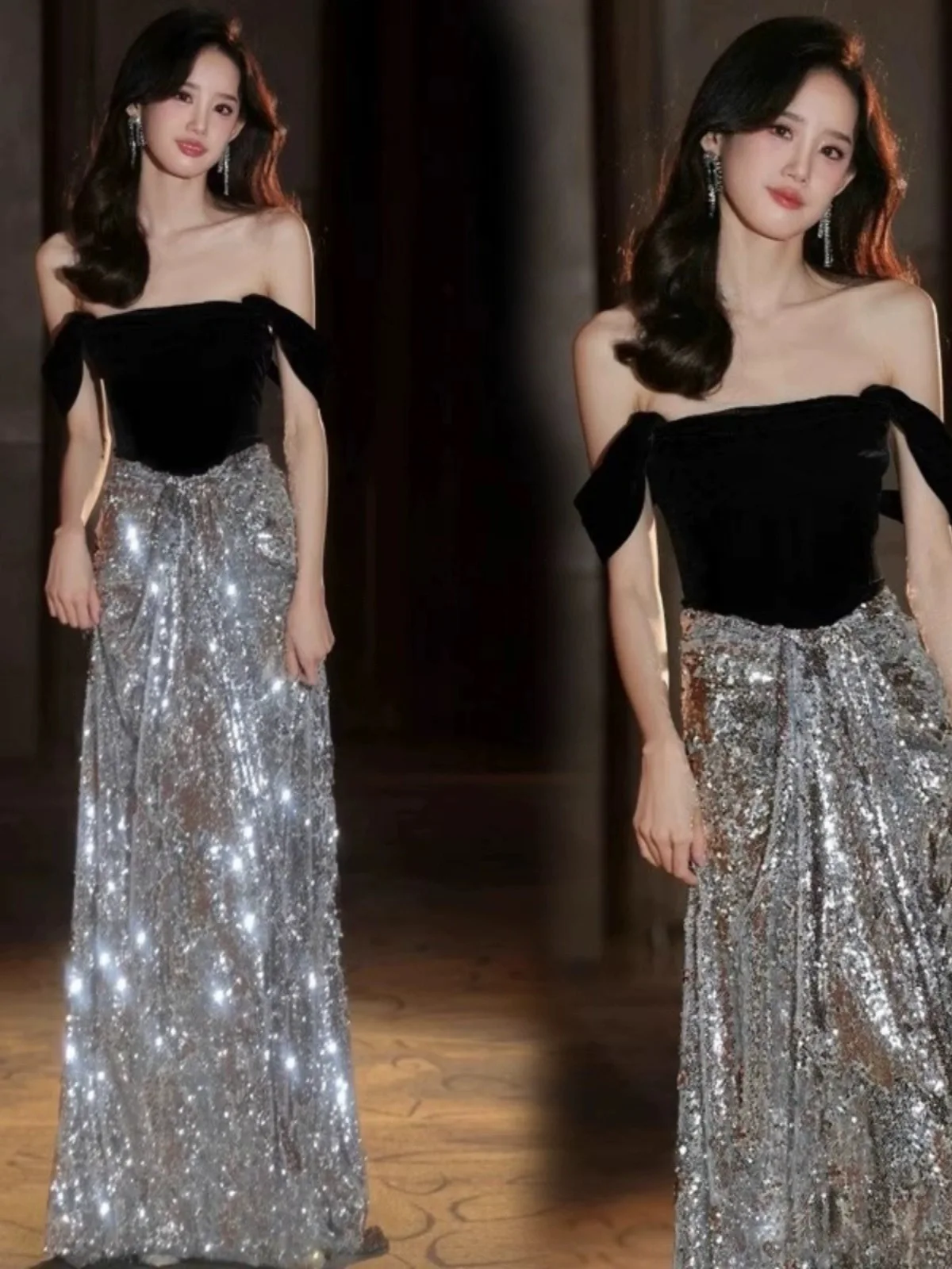 

Elegant Prom Dresses Sequins Shiny Black Velvet A-line Off the Shoulder Annual Meeting Ball Beach Party Evening Gowns 2024