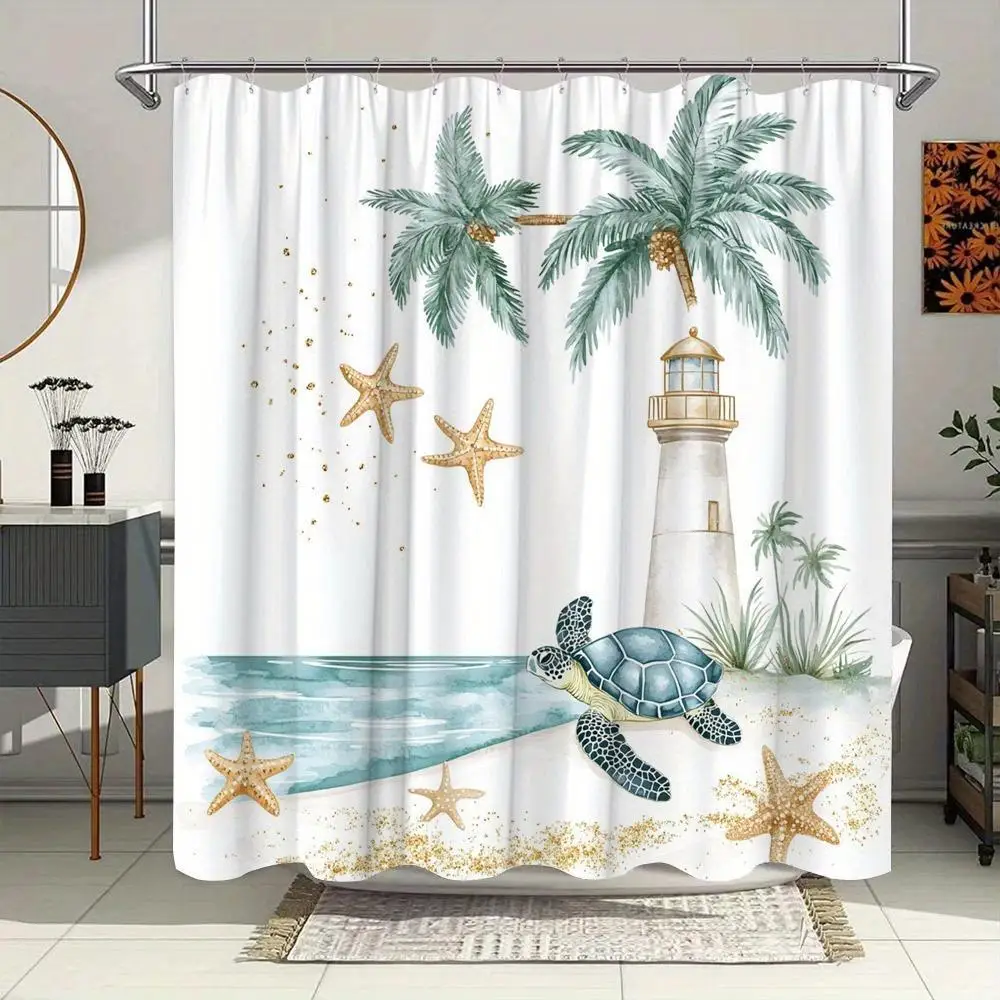 Waterproof Tropical Beach Shower Curtain Liner Coastal Ocean Nautical Decor Palms Turtles Starfish Lighthouse Bathroom Shower Cu
