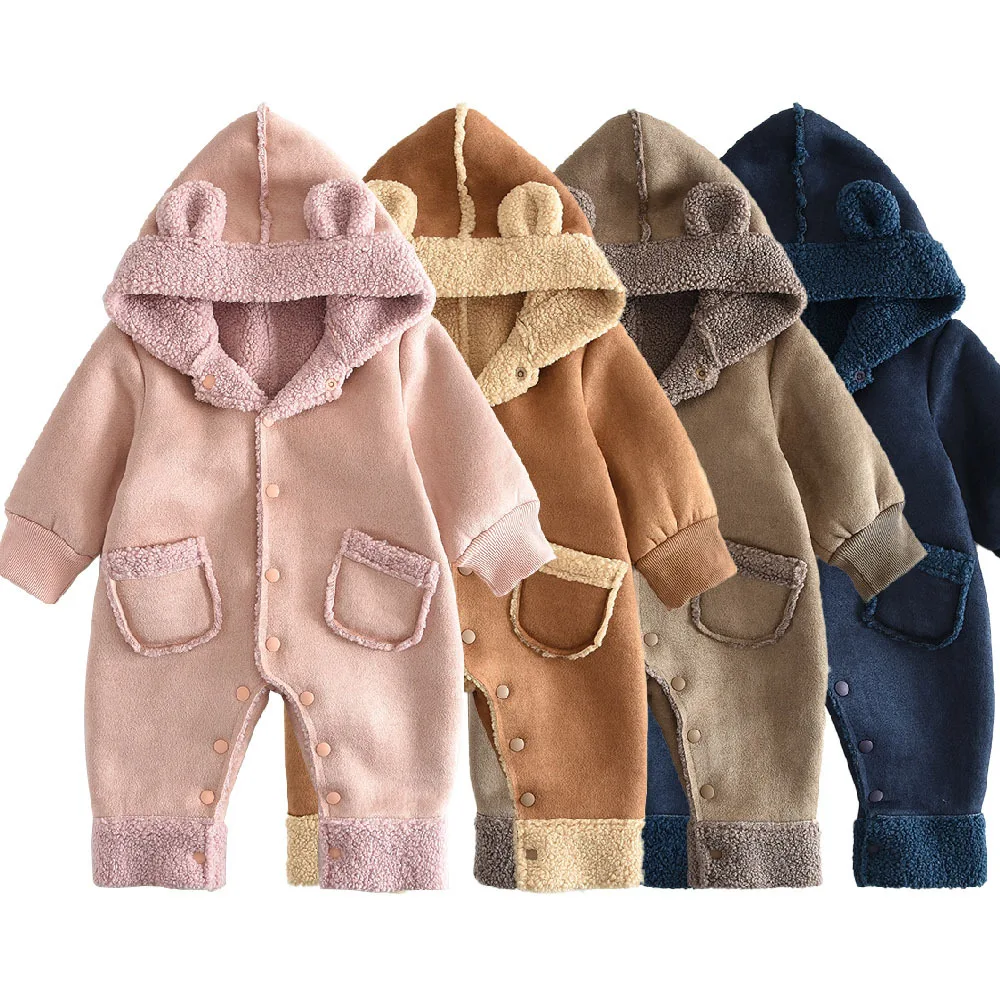 YBFSKID Baby Girl Jumpsuit Winter Suede Toddler Kids Girl Romper Fleece Hooded Pockets 0-3Yrs Girl Bodysuit Little Girl Overalls