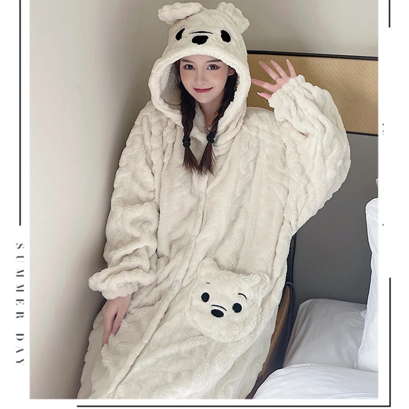 Flannel pajamas for women winter new sweet and lovely cartoon long sleeve robe and pants home wear two pieces