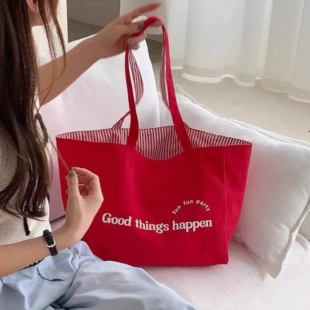 

Red Letter Canvas Shoulder Bags Double-sided Simple Design Women Tote Bag Canvas Material Casual Style Letter Shoulder Bag