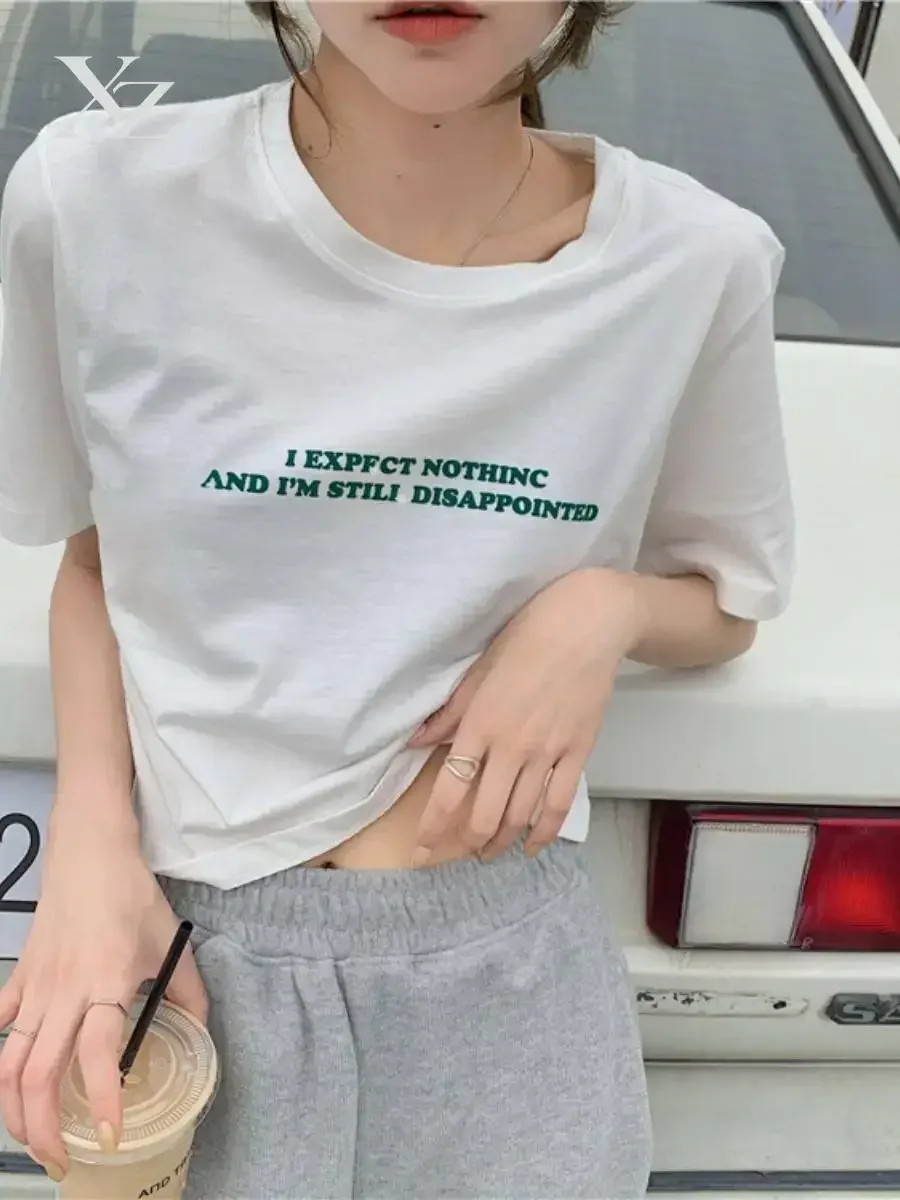 Hot Sale Summer Loose Short Sleeve T-Shirt Women's Korean Style Printed Letter Top Casual Commute Round Neck Length