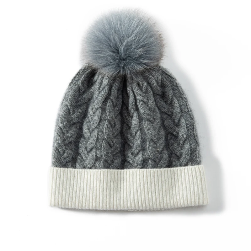 KOIJINSKY Women Autumn Winter 35% Cashmere 65% Merino Wool Cable Twist Knit Beanie Two Tone Contrast Ribbed Cuff Large Real Racc