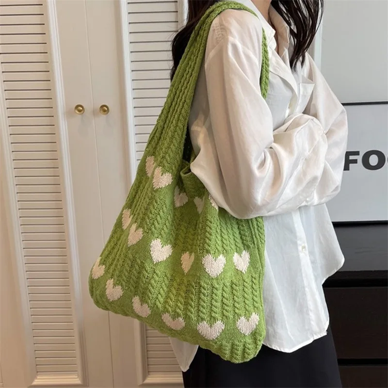 Heart Knitted Women\'s Bag Knit Eco Bag Korean Foldable Shopper Y2K Crochet Rope Shoulder Bag Sweet Knitting Handbag Ins Tote Bag