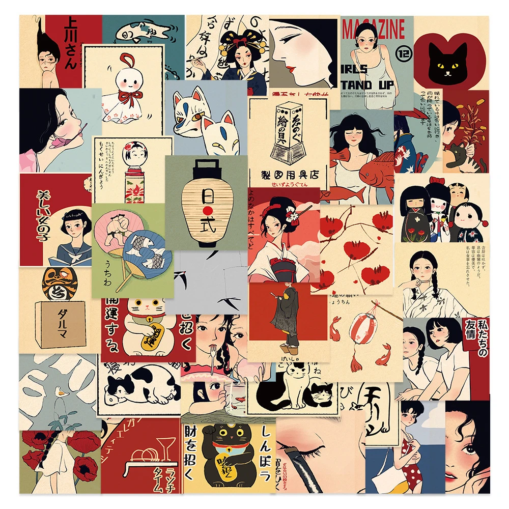 

10/30/50pcs Retro Japanese Culture Cartoon Stickers Cute Anime Aesthetic Decals Toy DIY Luggage Stationery Bike Graffiti Sticker