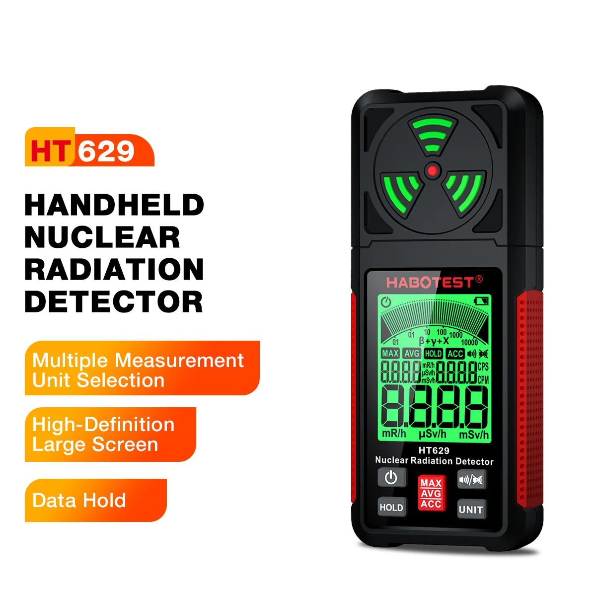 HABOTEST HT629 Nuclear Radiation Detector Geiger Counter X-ray Y-ray β-ray Detector LCD Display Marble Radioactivity Tester