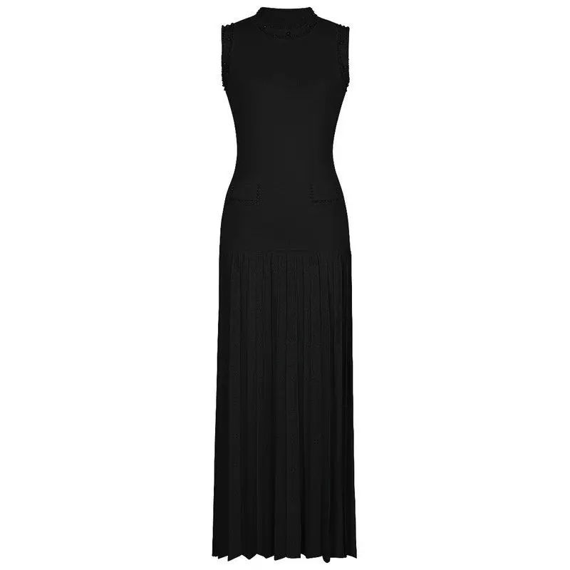 

Elegant Long Knitted Dress Sleeveless round Neck Beaded Slimming Women's Fashion Summer 2025 Quality Ladies' Gown