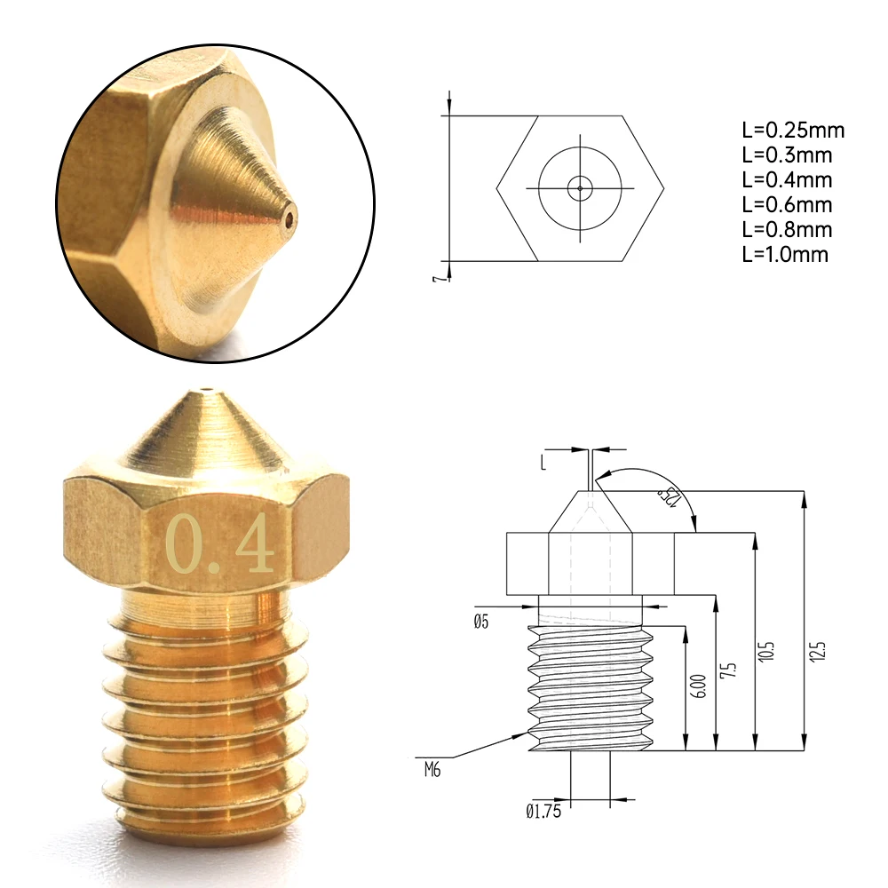 Biqu 3d drucker düse 3d v6 & v5 j-kopf m6 messing düse extruder düsen 0.2/0.25/0.3/0.4/0.5/0.6/0.8/1,0mm für 1,75mm