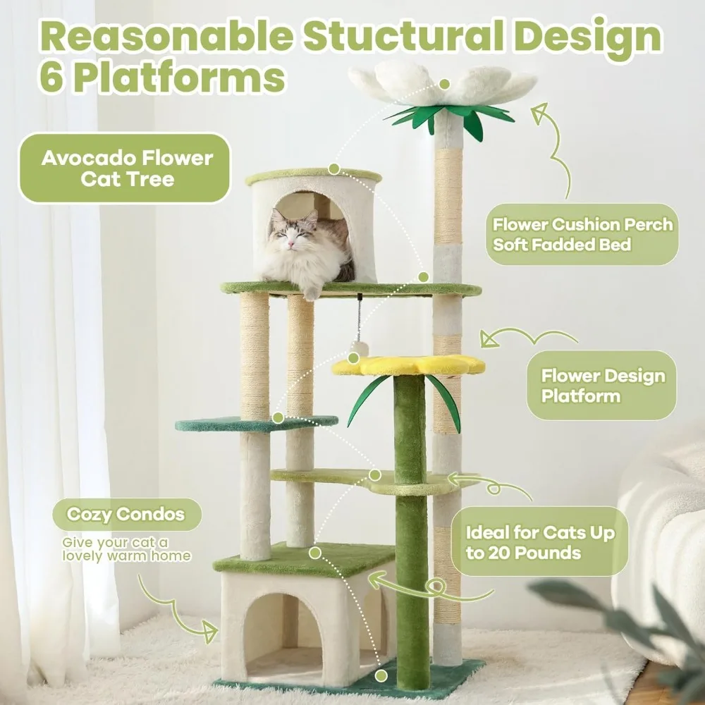 64in Cat Tower Multi-Level, Cat Tree Tower with Cozy Condo & Scratching Post, Cat Tree with Jumping Platform