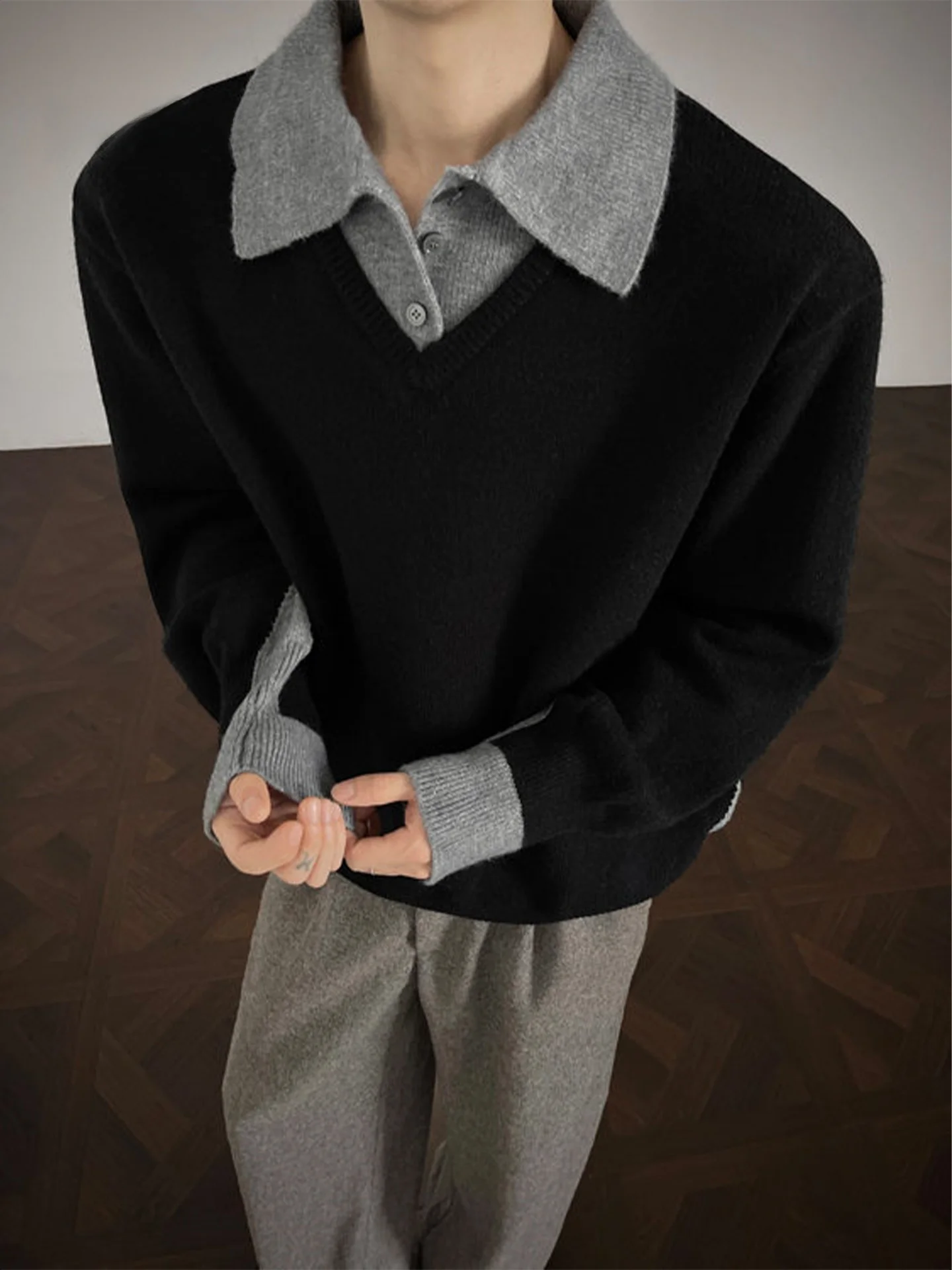 

Thiened Collar Knitted Sweater Men's Autumn Winter Warmth Inner Wear Fake Two-Piece Soft Regular Fit Casual Sle