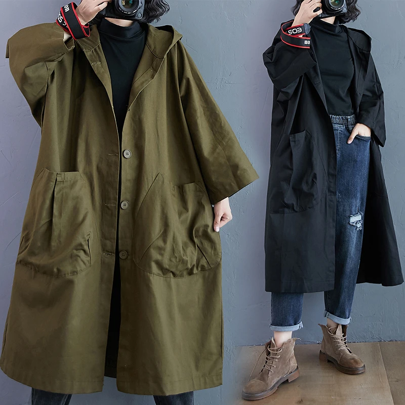 

Loose Large Size Women's Long Coat with Big kets Commute Casual Korean Sle Hooded Windbreaker Cotton Blend Outerwear