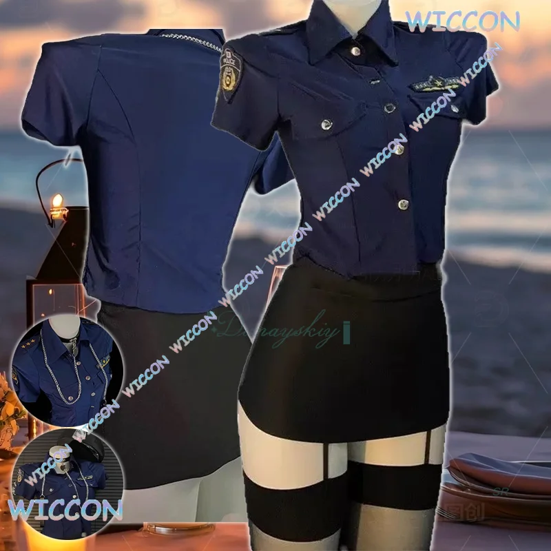 

Ynot/Women Airline Stewardess Uniform Police Officer Collar Skirt Black Silk Strappy Socks Shirt Halloween Party Valentine's Day