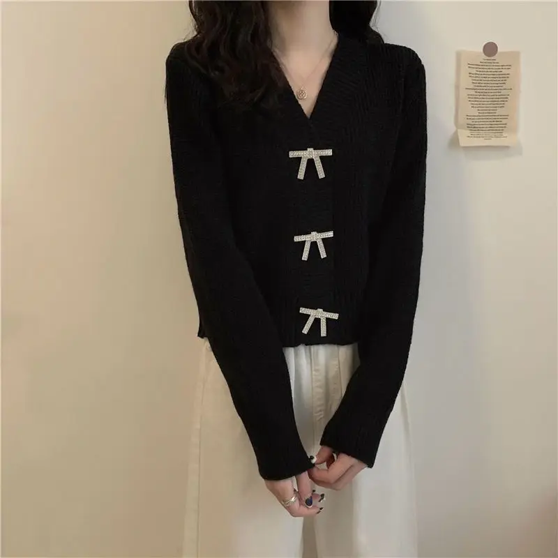 Spring and Autumn Woman 2024 Cardigan V-neck Sweet Bow Fashion Short Style Long Sleeved Female Knitted Sweater Trend Youth Grace