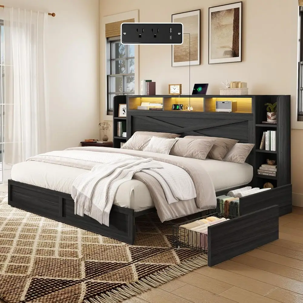 

45 King-Size Armhouse Bed with 4 Drawers, LED-Illuminated Headboard, Bookcase Headboard, and Side Shelves, Black Wood Platform B